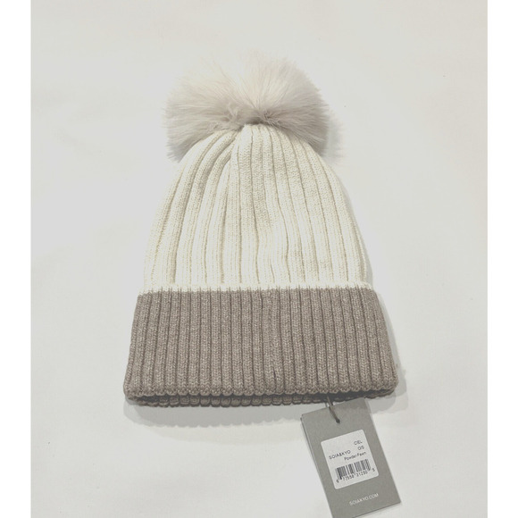 SOIA & KYO Ciel Rib-knit Beanie Hat Detachable Feather Pom Pom Ivory Tan main image 4
